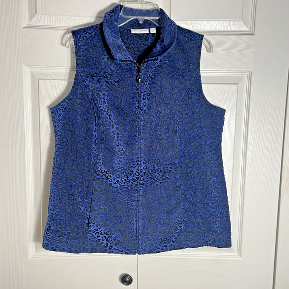 Susan Graver Vest Women 18W Blue Animal Print Sleeveless Full Zip Collared Top - Picture 1 of 10